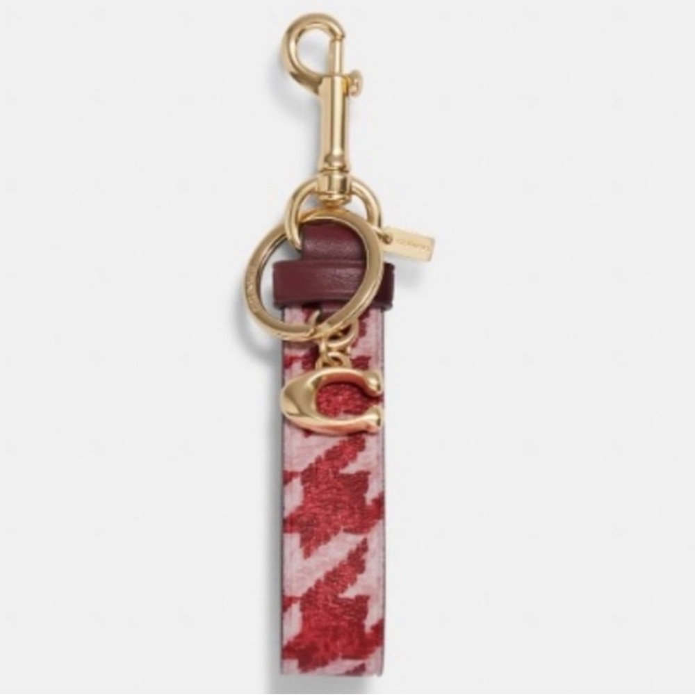 NEW! COACH Houndstooth Loop Bag Charm Key Ring w/ Trigger Snap, Pink/Red, NWT!